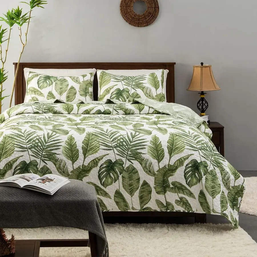 

Tropical Plants Quilt Set Queen Size 3 Pieces, Green Palm Leaves Rainforest Style Fine Printed Reversible Bedspreads Bedding Set