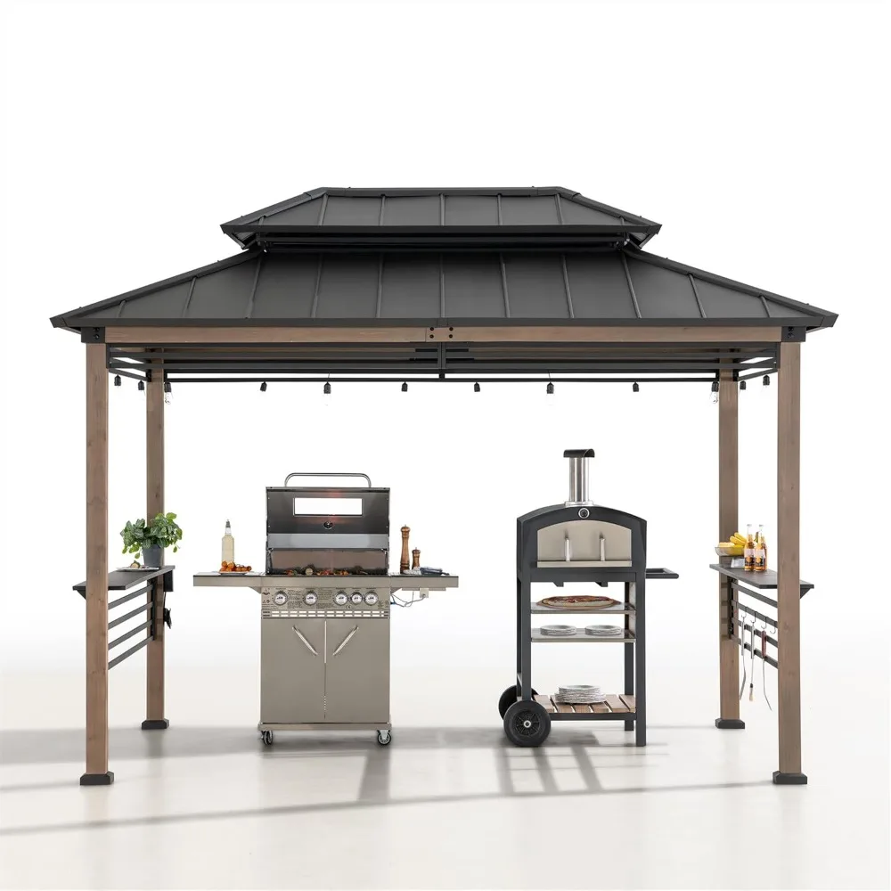 8 X 12 Ft Gazebo with AC Power Port,  Steel Hardtop Outdoor Gazebos, Cedar Framed Gazebo with Built-in Electrical Outlets