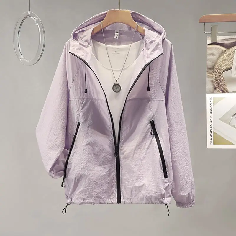 Thin Sunscreen Coat Women 2026Summer Fashion Sun-protective Clothing Jacket Ice Silk Hooded Outwear Quick-Drying Overwear Ladies