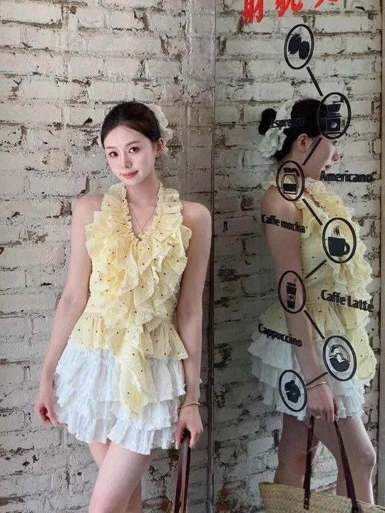 

Желтый комплект с V-образным вырезом, в горошек, с рюшами, без рукавов, в нежном стиле, с юбкой-тортом, женский летний модный костюм-двойка