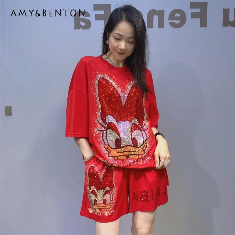 

Women's Short-sleeved T-shirts Shorts Outfits Diamond Drills Cartoon Pattern Casual Suit Ice Silk Cotton Outdoor Two-piece Sets