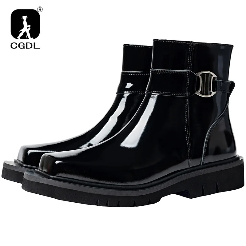 

Mirror Leather Square Toe Boots Men Shoes Side Zipper High Top Casual English Style Casual Chelsea Ankle Boots Man Dress Shoes