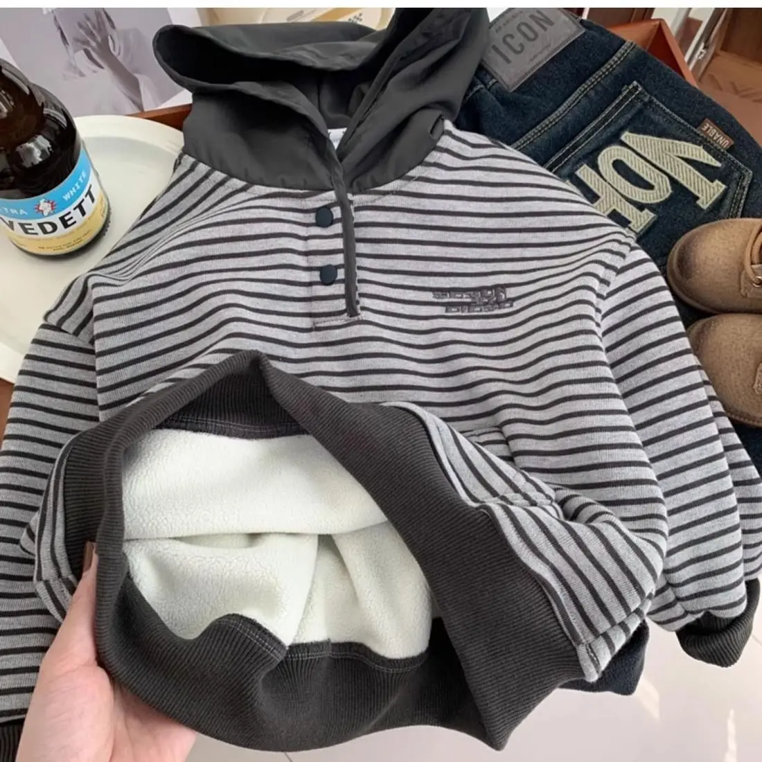 Boys' Velvet Hoodie Autumn/Winter Children's Striped Casual Sportswear Girls' Pure Cotton Soft Hoodie