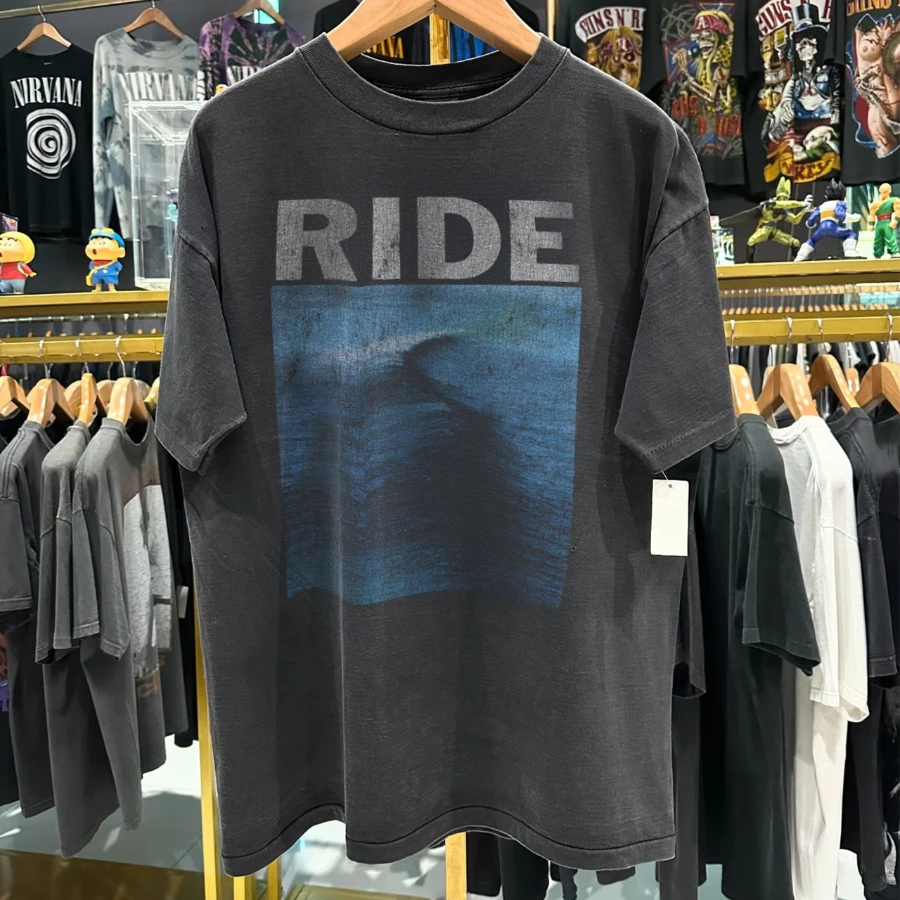 Ride Shoegaze 80s-90s Rare Grail Washed Black T-Shirt Tee Fit Y2K Style Underground Print Loose Fit Retro Grunge