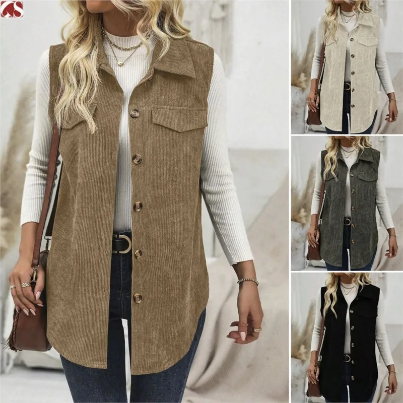 Spring And Autumn Women's Tank Jacket Coat Horse Clip Lapel Cardigan Casual Commuter Corduroy Women Vest Khaki Coats Clothing