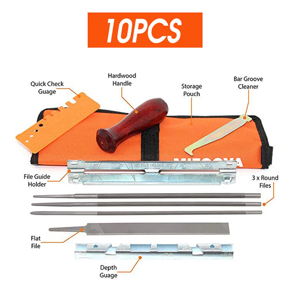 10pcs Chainsaw Chain Sharpening Kit Tool Round Flat File Guide Bar File Sharpner Household Hand Tools with Storage Bag