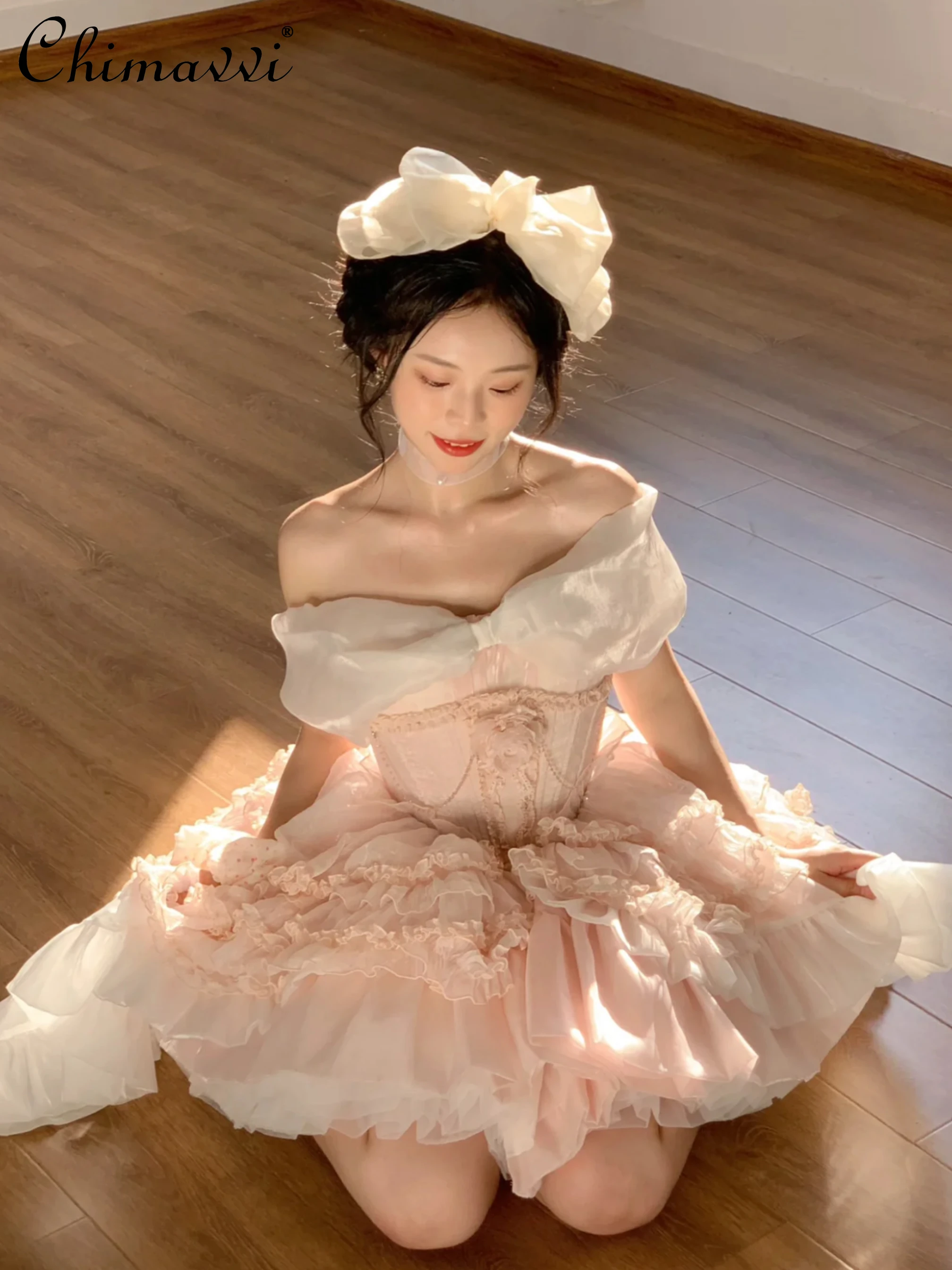 French Sweet Pink Tube Top Dress Spring and Summer Princess Lolita Retro High Waist Elegant Women Birthday Party Puffy Dresses