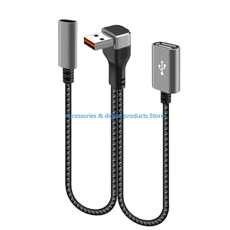 77JD 90°Curved USB Y Cable Nylon Reinforced Coppers Cores USB to Type C/USB Cord