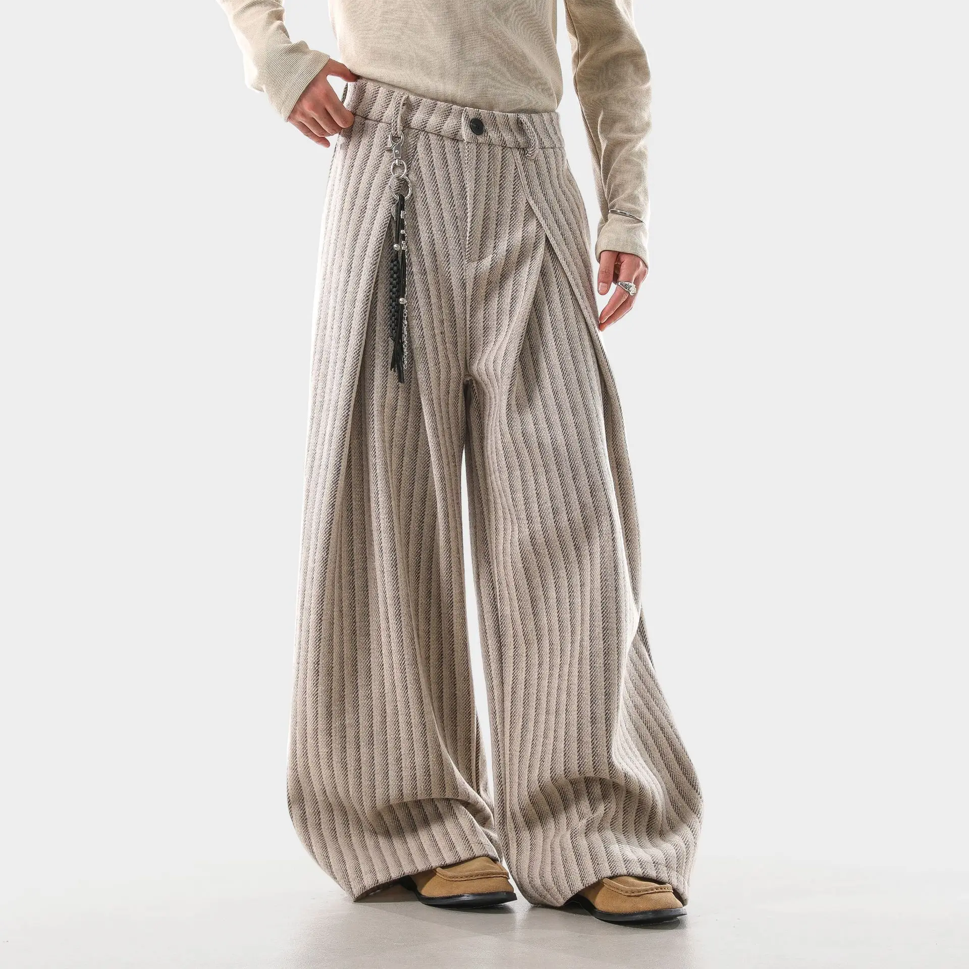 

American lazy style new pleated design loose wide leg striped casual pants old money versatile floor mopping trousers