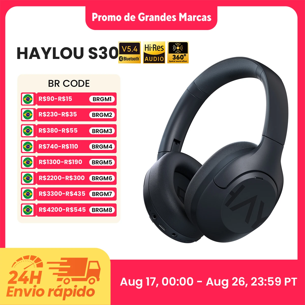 HAYLOU S30 Fones de ouvido sem fio com Bluetooth 5.4 Fones de ouvido com cancelamento de ruído adaptável de 43 dB e driver de 40