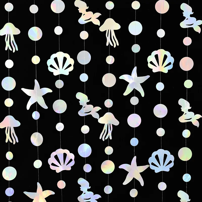 4.2M Iridescent Mermaid Banner Jellyfish Seashell Starfish Holographic Garland Marine Animals Birthday Party Hanging Decorations