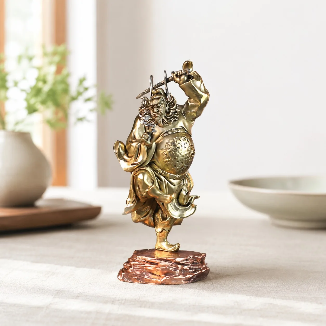 Artisan Handcrafted Brass and Red Copper Zhong Kui Statue for Traditional Chinese Feng Shui Home Office Tabletop Ornament