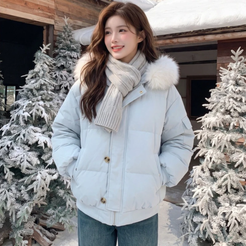 2026 Fashion Down Cotton-padded Jacket Women's Winter Short Coat Fur Collar Hooded Thicken Warm Parkas Student Loose Outerwear