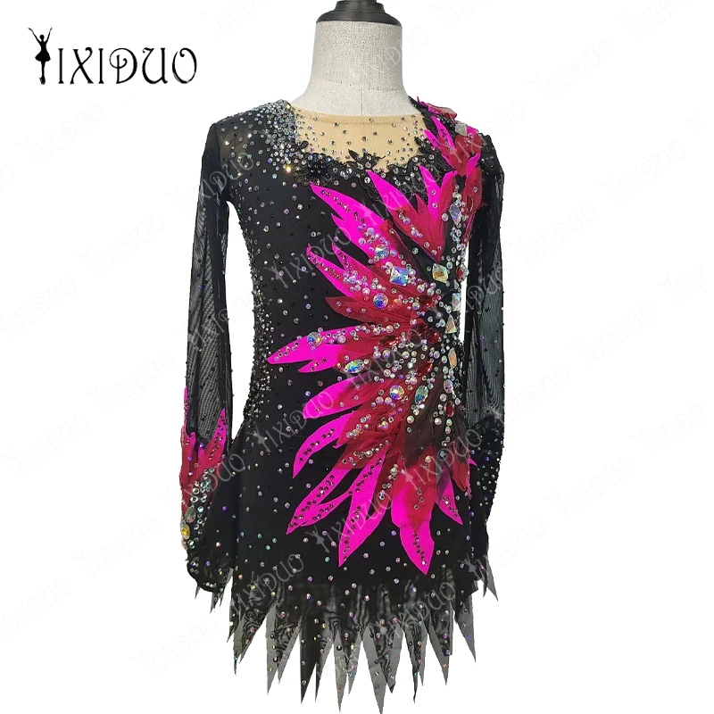 Black Pink Flower strass Costume da competizione per pattinaggio artistico personalizzato professionale Costume da spettacolo per pattinaggio artistico Premium