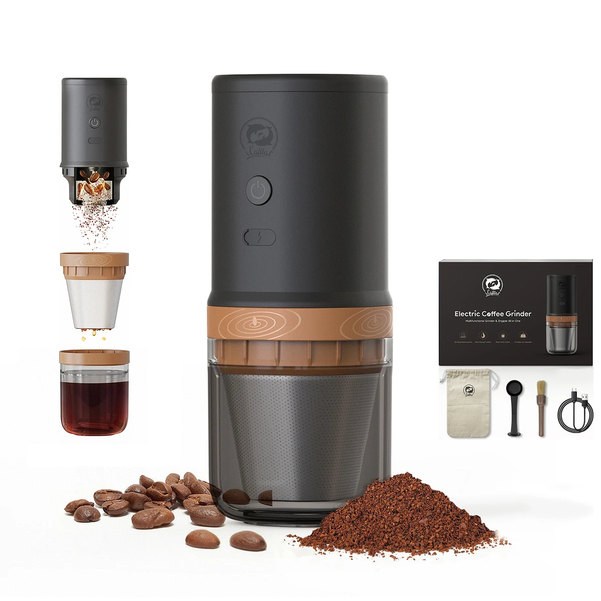 iCafilas Electric Coffee Grinder All in One Portable Coffee Maker & Dripper with TYPE-C Rechargeable Adjustable Thickness Disc