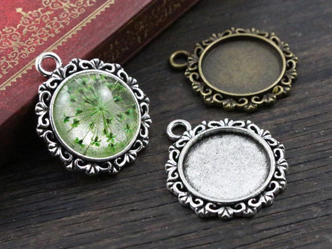 10pcs 18mm Inner Size Antique Bronze And Silver Plated Texture Style Cabochon Base Cameo Setting Charms Pendant