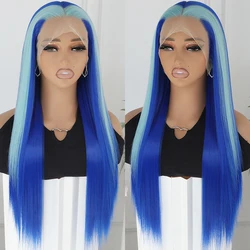 Blue Skunk Stripe Synthetic Lace Front Wig 13x4 Light Blue Highlights Streaks Lace Front Wigs Long Straight Hair Pre Plucked Wig