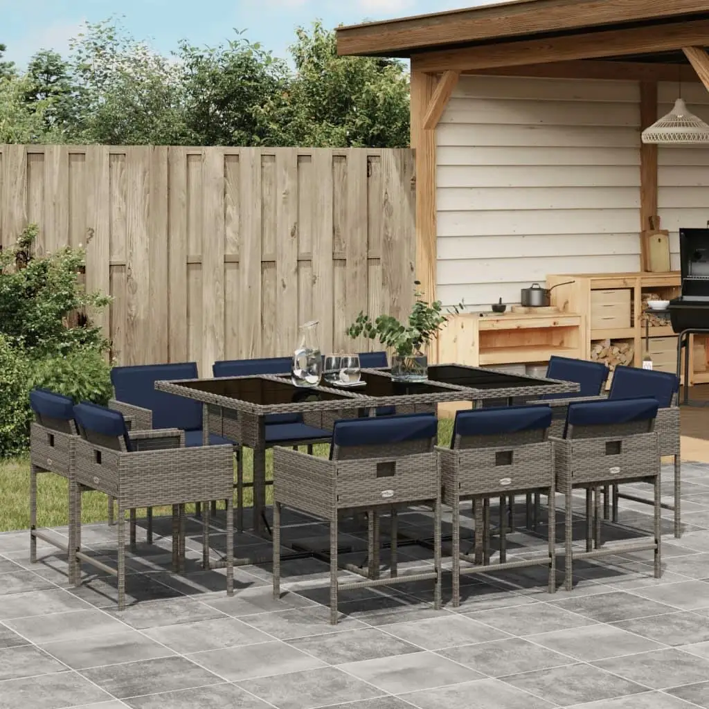 11-Piece Gray Poly Rattan Patio Dining Set with Cushions - Stylish Outdoor Furniture