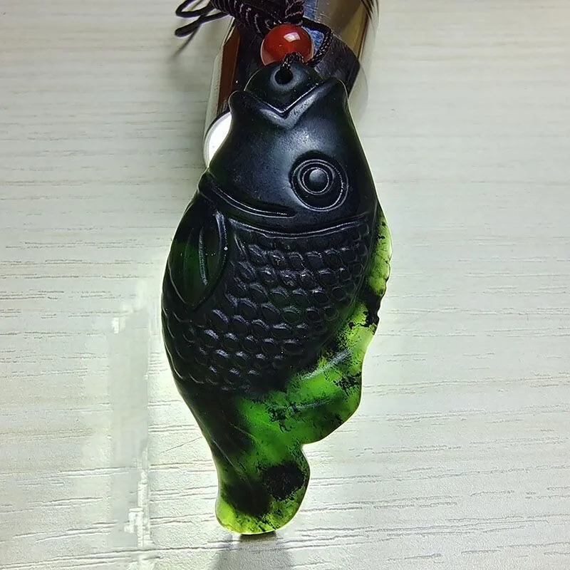

Natural Dark Green Jade Goldfish Pendant, Herb King Stone Necklace Jade Pendant Necklace