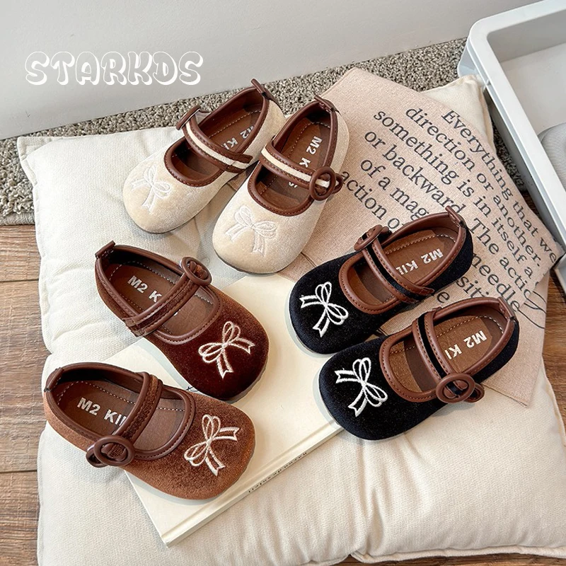 Chic Bowknot Embroidery Shoes Kids Girls Vintage Velour Ballet Flats Baby Child Soft Sole Brand Design Velvet Mary Jane Zapatos