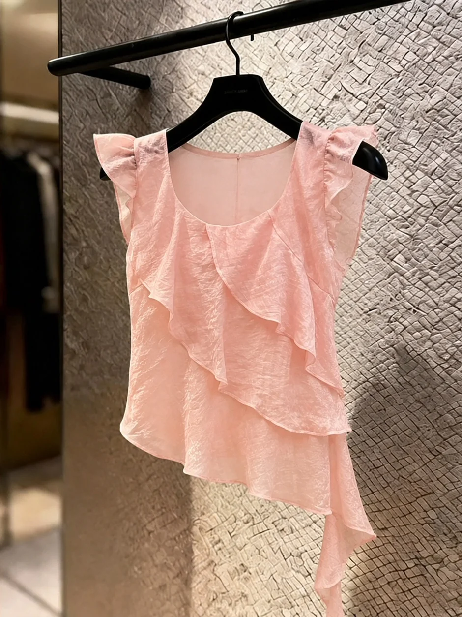 

Korean Style Gentle Fashionable Fly Sleeve Shirt Casual Simple Women's Pure Color Summer Design Sense Top Silk Blend