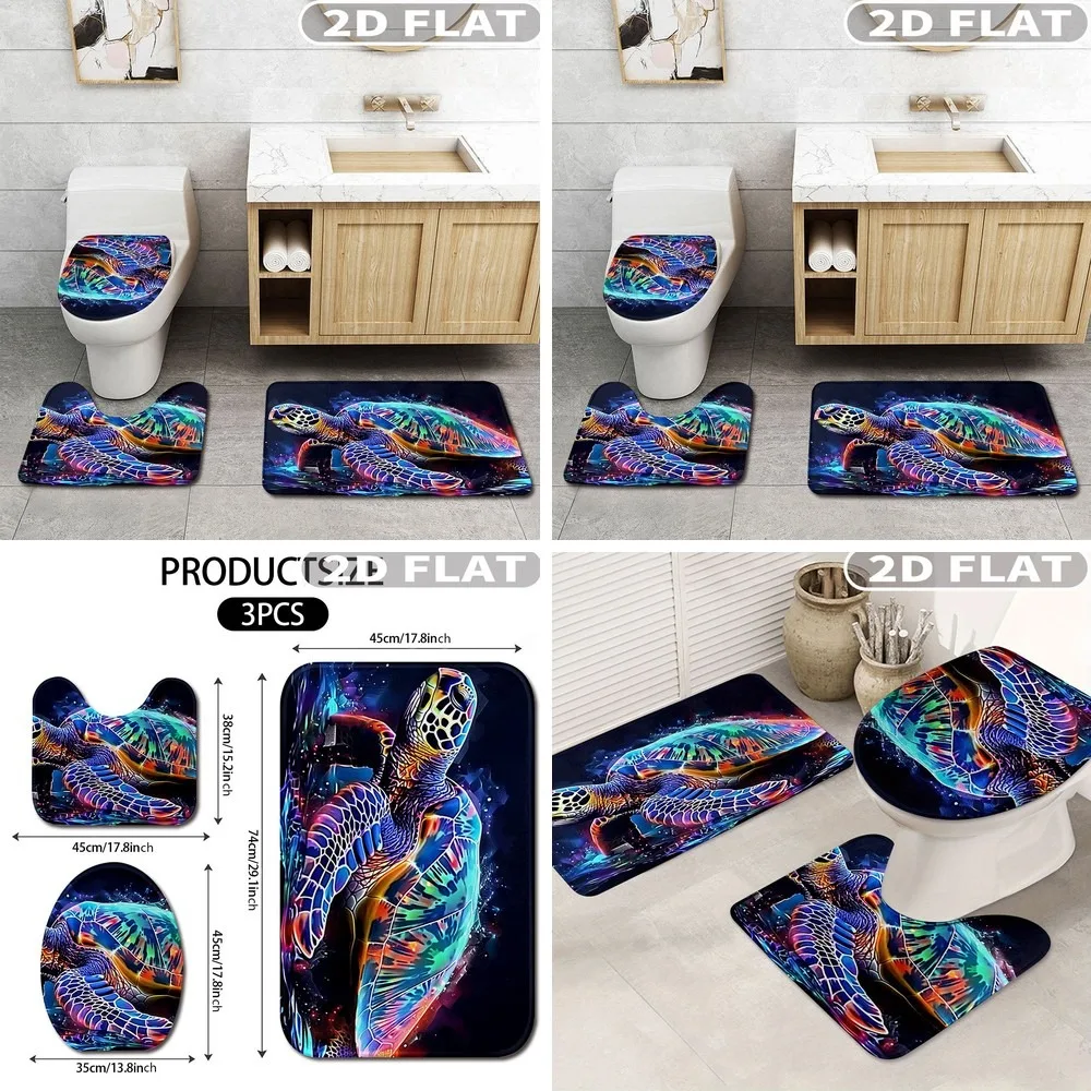 

3pcs Colorful Turtle Cosmic Background 2D Flat Bathroom Rug Set, Non-Slip Washable Bath Mat Set for Bathroom Kitchen Bedroom