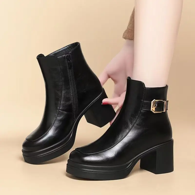 

Women Genuine Leather Block Heel Ankle Cotton Boots Winter New High Quality Thick sole Non Slip Plush Keep Warm High Heel Boots