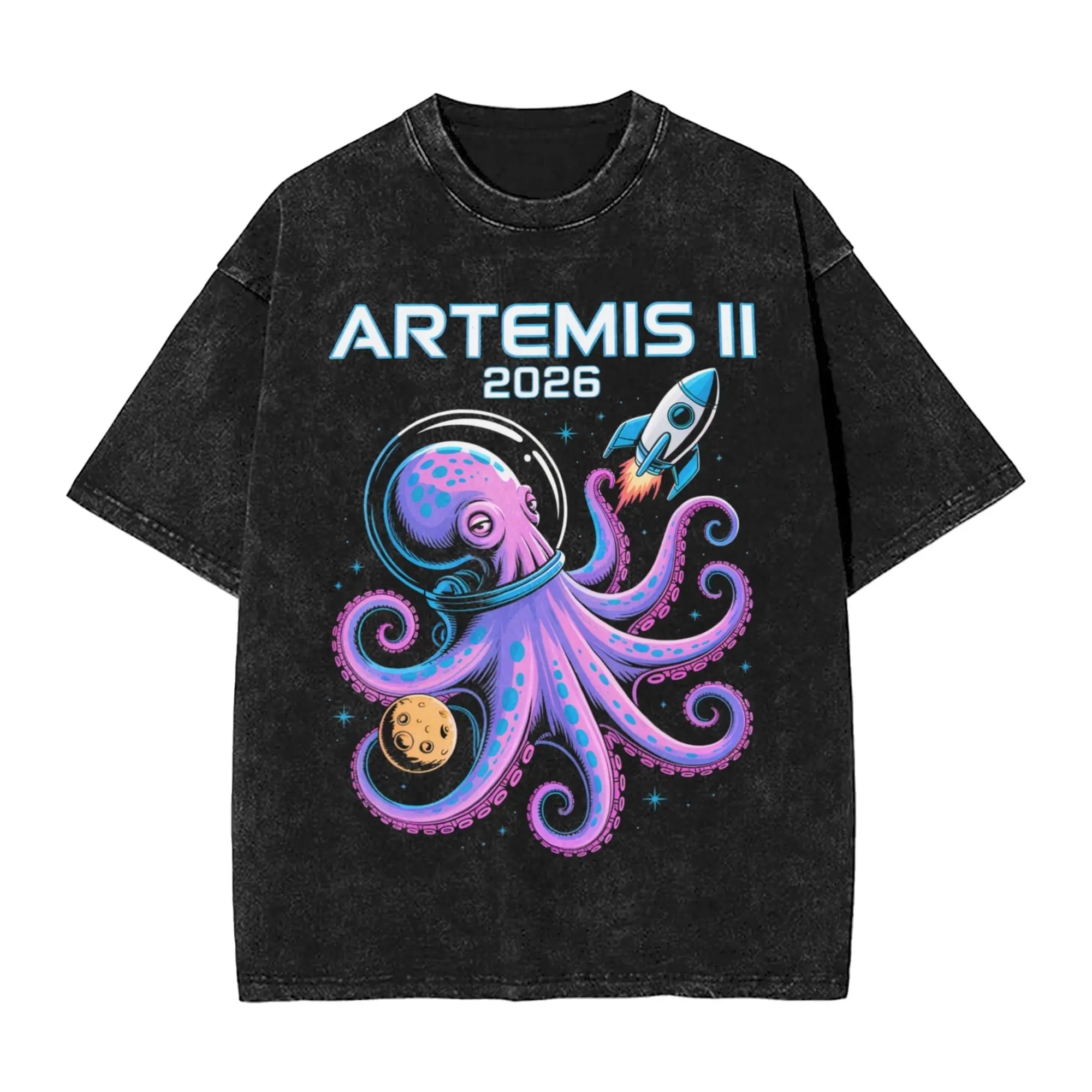 Artemis II 2026 Funny Octopus Launch Back to The Moon T Shirts Men Cotton Vintage T-Shirt O Neck  Tee Shirt Short Sleeve Clothes