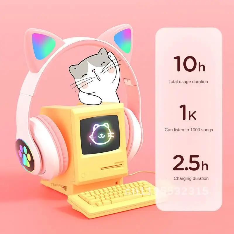 New STN-28 Cat Ear Wireless Bluetooth Earphones Sports Gaming Night Light Folding Card Bluetooth Earphones