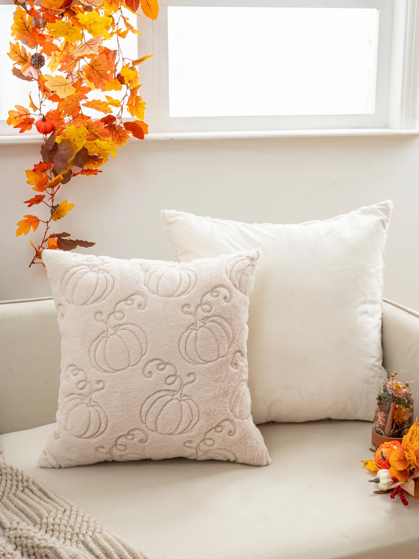 1pc 3D Embroidered Beige Faux Rabbit Hair Pumpkin Pillow Cover, No Insert, Thanksgiving & Harvest Festival Theme, All-Season Dec