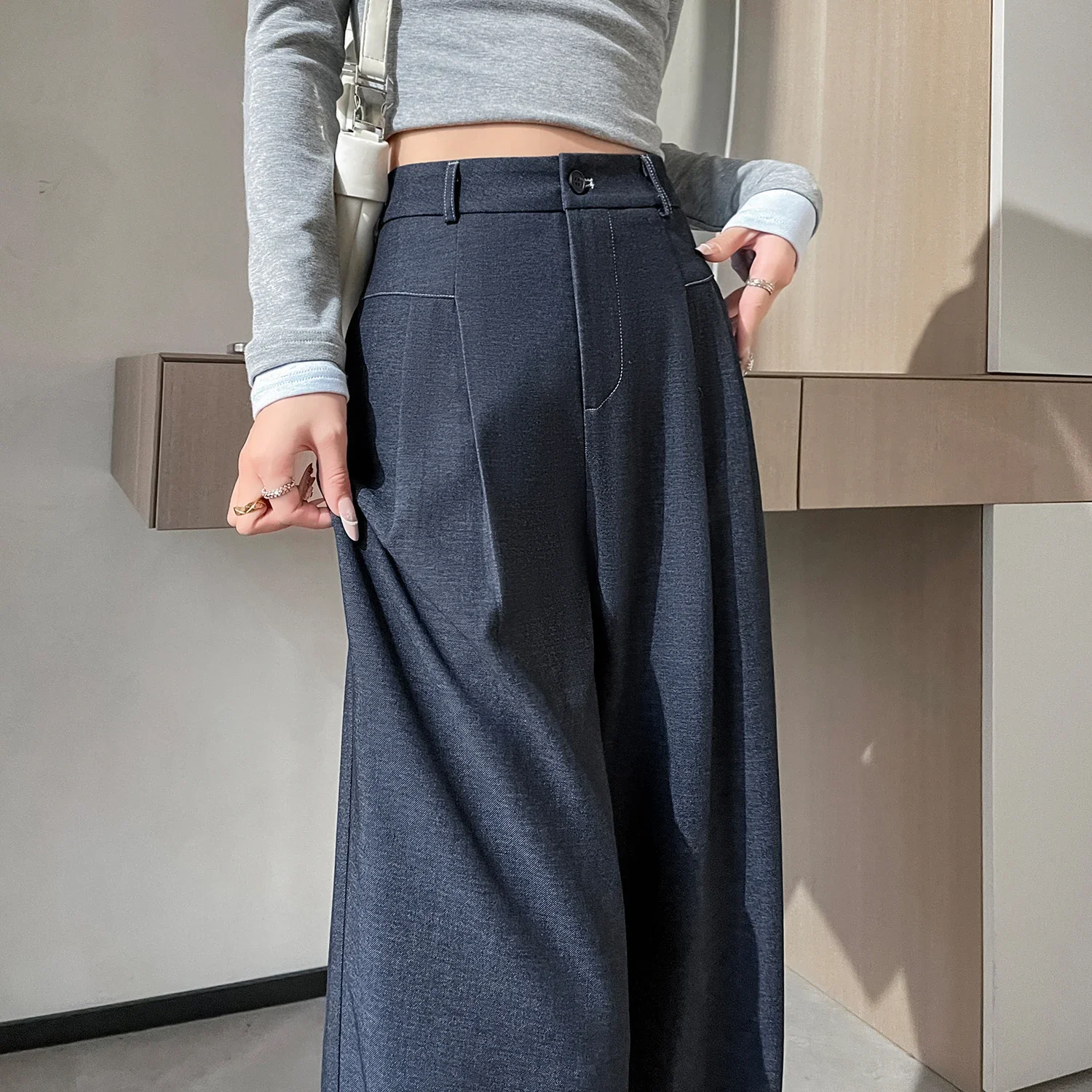 2025 ฤดูใบไม้ผลิฤดูร้อนใหม่ผู้หญิงวินเทจกางเกงขากว้างเอวสูงสบายๆหลวมสีดําตรงความยาวเต็มกางเกงสําหรับสตรี