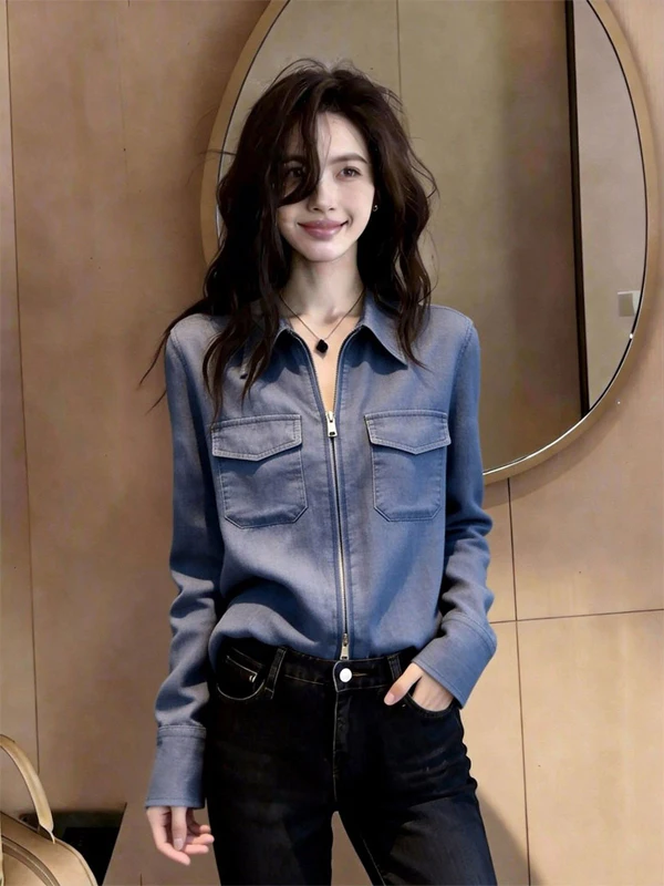 

Blue Loose Fit Double Zipper Collared Women's Shirt Elegant Versatile Early Spring Open Cardigan Style Commute Fashion