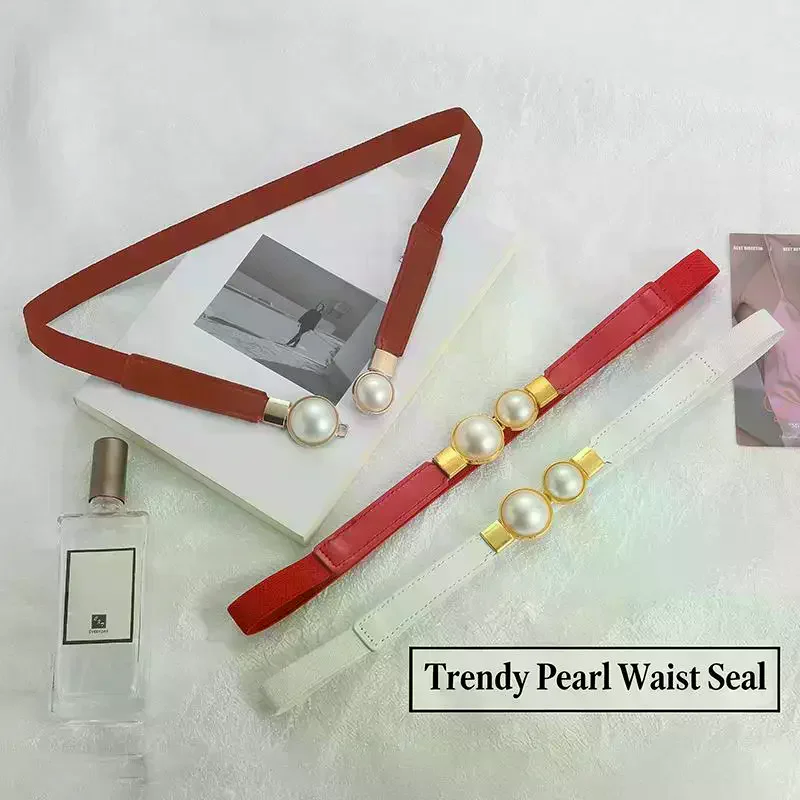 Pearl Buckle Belt PU Leather Dress Skirt Waist Elastic Thin Women Belts Ladies Waistband Accessories