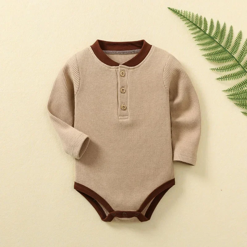 Baby Waffle Knit Bodysuit Long Sleeve Cotton Romper Vintage Henley Newborn Infant Jumpsuit Soft Snap Button Baby Clothes