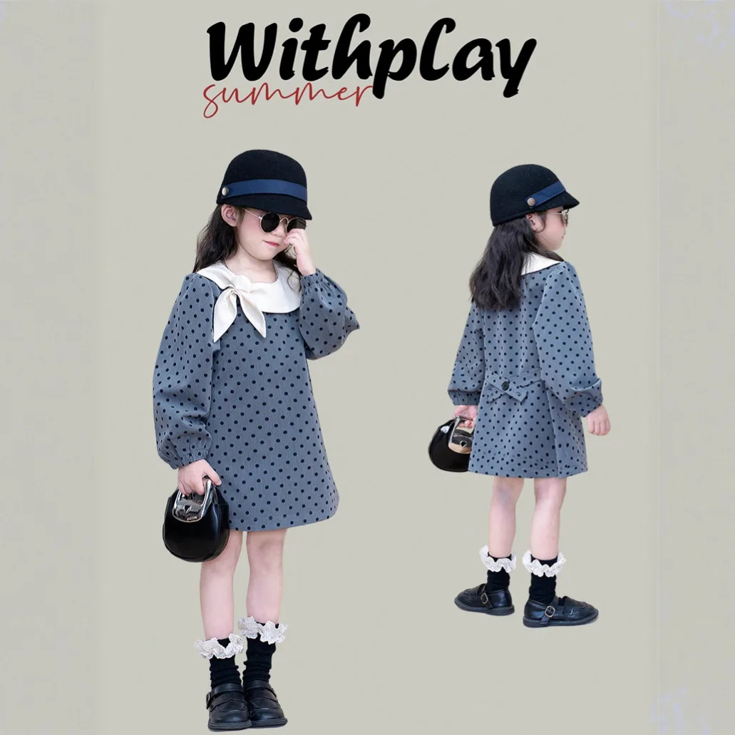 

School Uniform Girls Girls Long Sleeve Dress Children's Clothing Little Girl Princess Dresses 2-8 Years Kids Gray Junior Dress