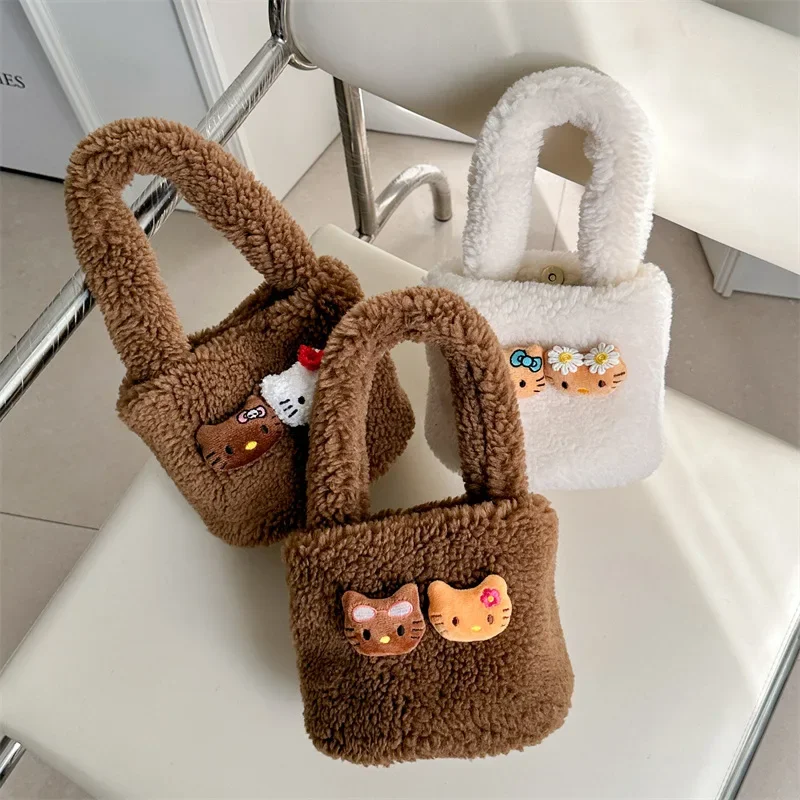 Autumn Winter New Hello Kitty Lamb Handbag Anime Fashion Girls Cute Plush Bucket Bag Doll Casual Tote Mini Small Phone Bag Women