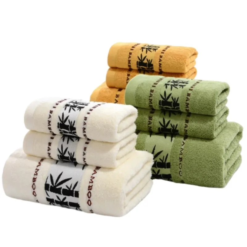 3PCS Bamboo Towels Set - Green Hand Face Towel 35x75cm & Big Bath Towel 70x140cm Cold Feeling Soft Bathroom Gift Towels