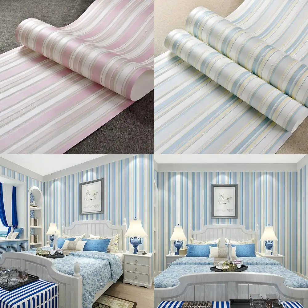 

Mediterranean 3D Thickened Vertical Stripe Self Adhesive Non Woven Wallpaper for Bedroom Kids Room Blue Pink Striped Wall Paper