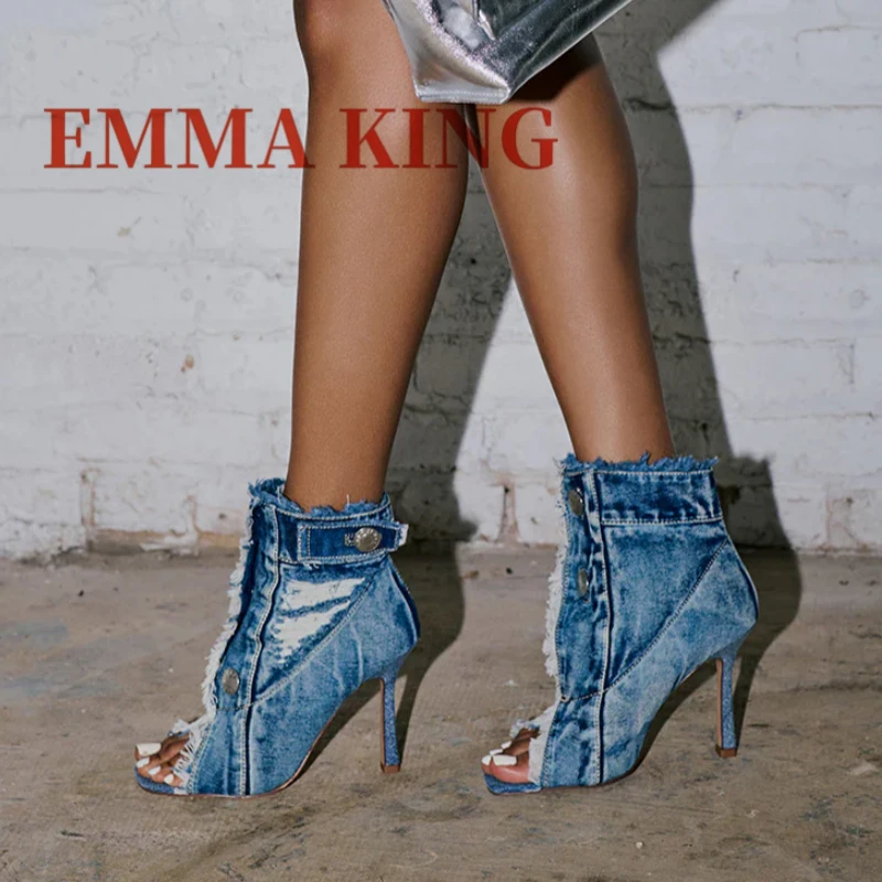

Denim Peep Toe Ankle Bootie Women Square Open Toe Stiletto Heel Shoes Ladies Elegant Ankle Buckled Flap Boot Ladies Casual Shoes