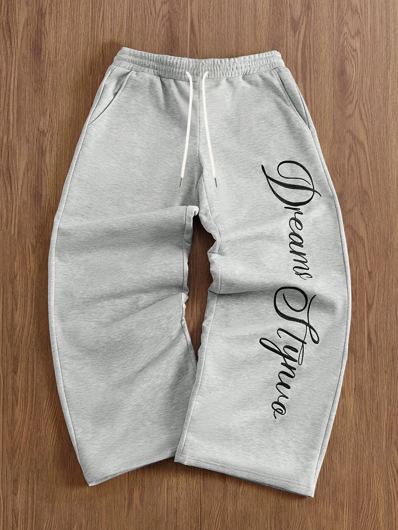Soft Girl Vintage Casual Sweat Trousers, Quick Dry Side Vertical Cursive Letter Print Heather Grey Straight Sports Bottoms Kids