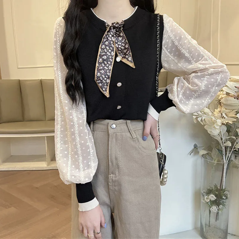 Female Casual Round Neck Lace Up Knitted Tops Autumn Winter Fashion Vintage Fake Two Pieces Spliced Sweaters Women's Clothing