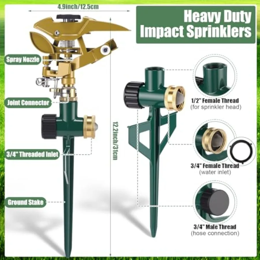 Heavy Duty Brass Impact Sprinkler for Large Area Yard Garden Irrigation, Metal Spike Base, Silver, 360 Degree Automatic Pulsati