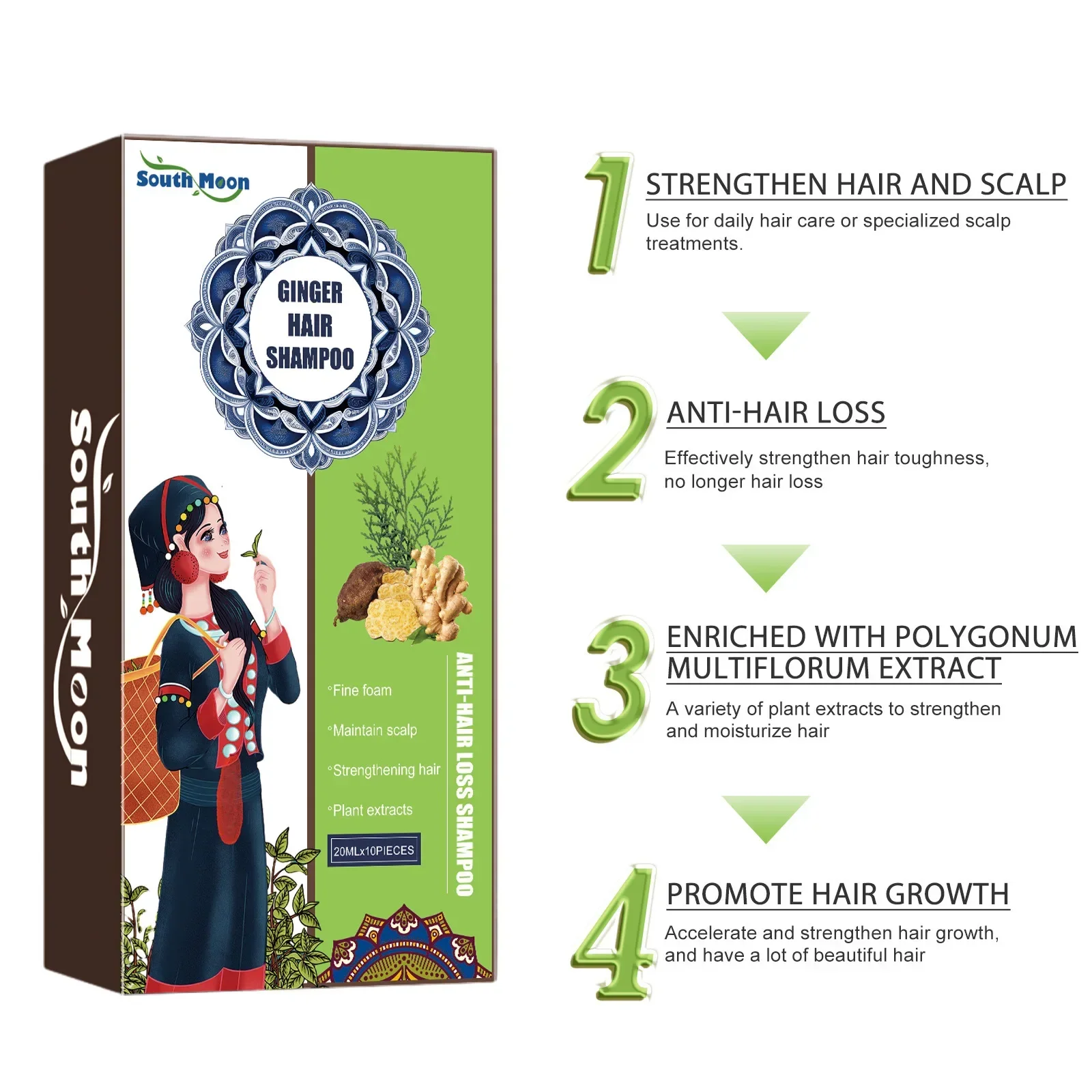 South Moon Ginger Care Shampoo, Scalp Cleansing Dense Hair Anti-Falling Nourishing Hair Roots Strengthening Profissional