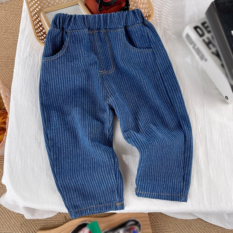 Stripe Toddler Jeans Baby for Girls Boys Pants High Waist Solid Outside Children Trousers Autumn Winter Fashion Kid Cowboy Jeans