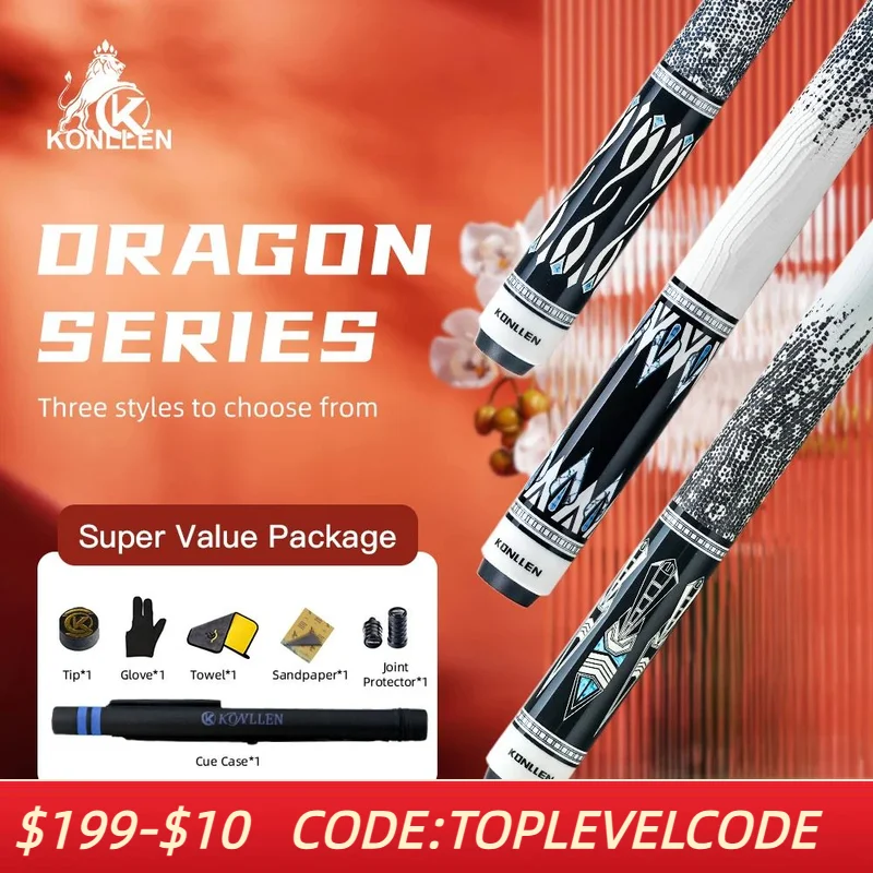 

KONLLEN Wild Dragon Pool Cue with Leather Wrap Handle Stick and Maple Shaft 3/8x8 Pin Joint Kit for Billiard Cue Stick