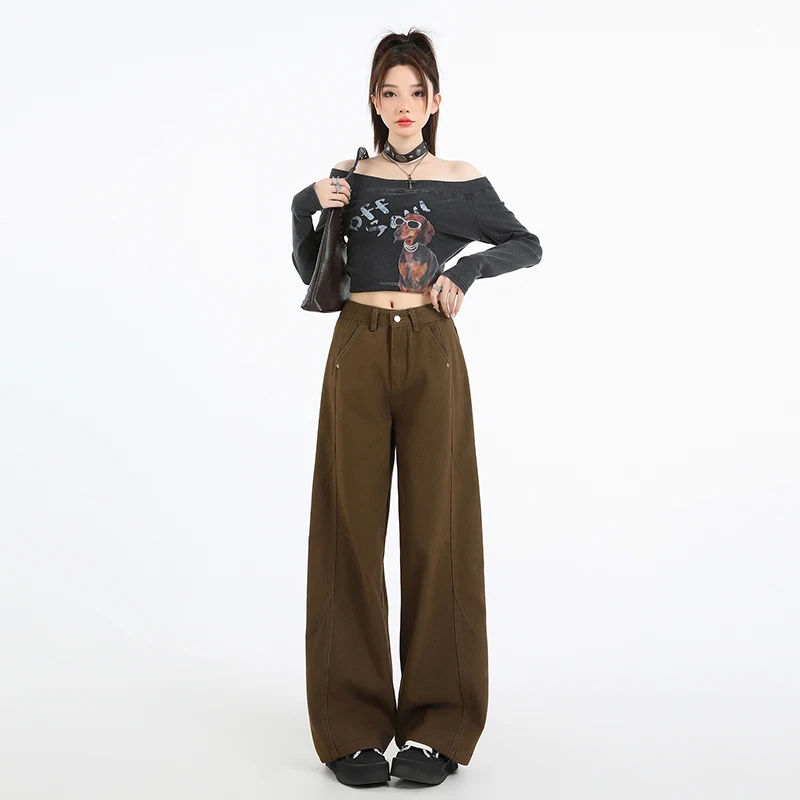 Vintage lichtbruine jeans voor dames 2026 hiphopstijl lente herfst nieuwe casual losse rechte pijpen gewassen wijde pijpen broek Y2K