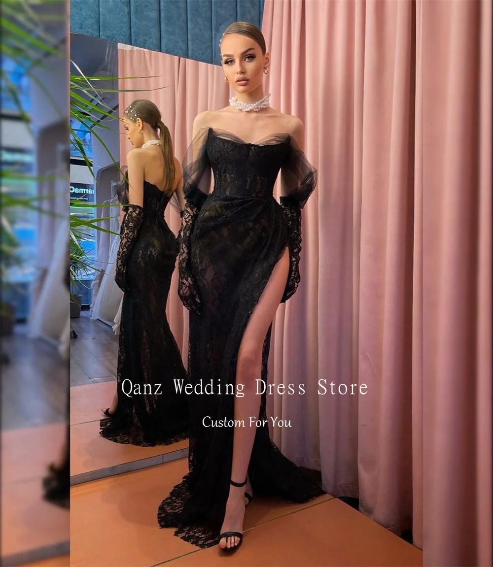 Qanz Black Evening Dresses Woman Elegant Lace High Slit Birthday Dresses Luxury 2024 Mermaid Corset Back Prom Dress Customized