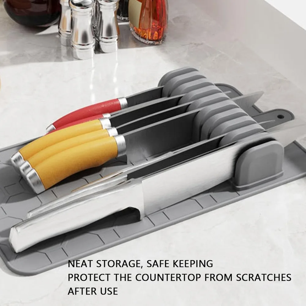 Silicone Material Knife Drawer Organizer Anti-Slip Base 10 Compartments Knife Storage Mat Soft Grip Slot Cutlery Drawer Insert