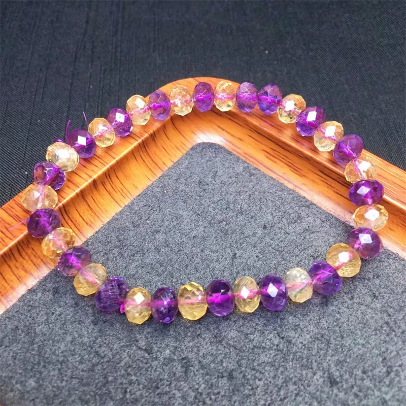 Natural Amethyst And Citrine Facet Bracelet Clear Round Beads Women Men Colorful Amethyst Stretch Bracelet