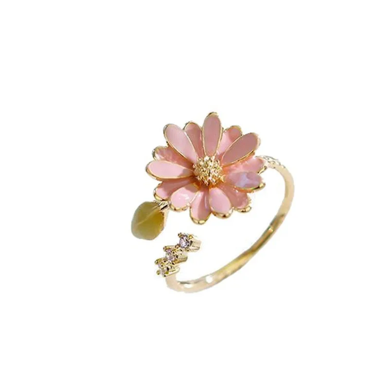 One Piece Fashion Exquisite Flower Chrysanthemum Daisy Plant Opening Leaf Copper Golden Colour Ring Woman Party Gift Daily